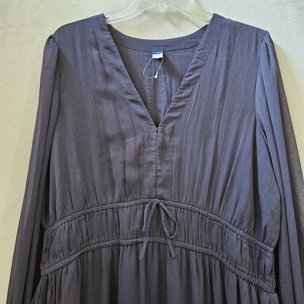 Old Navy Waist Defined Smocked Tie Front Maxi Chiffon Dress Navy Blue Sz XL NWOT - Picture 5 of 14